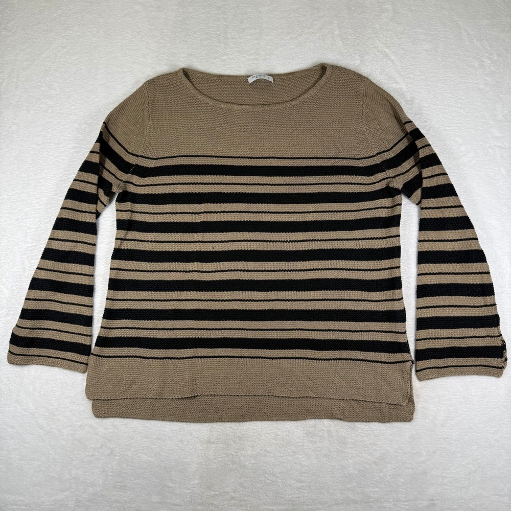 MM LaFleur XL Linen Striped Boat Neck Bell Sleeve Sweater Tan Black SMK20BL